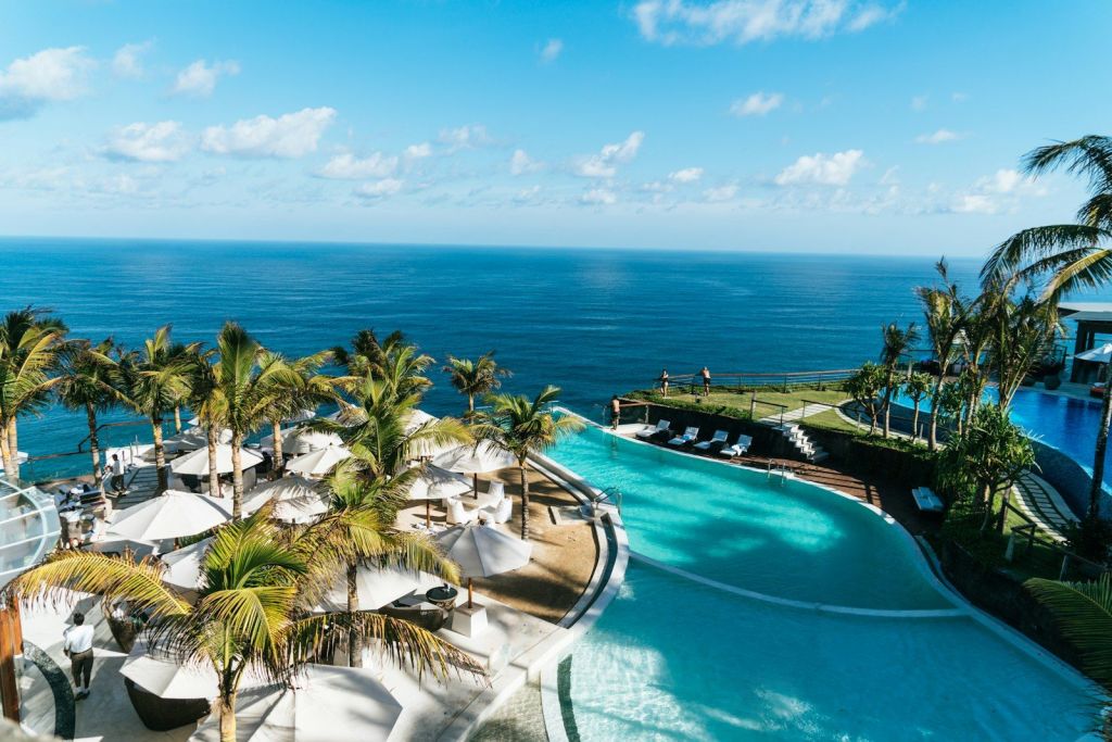 An aerial view of a resort bay