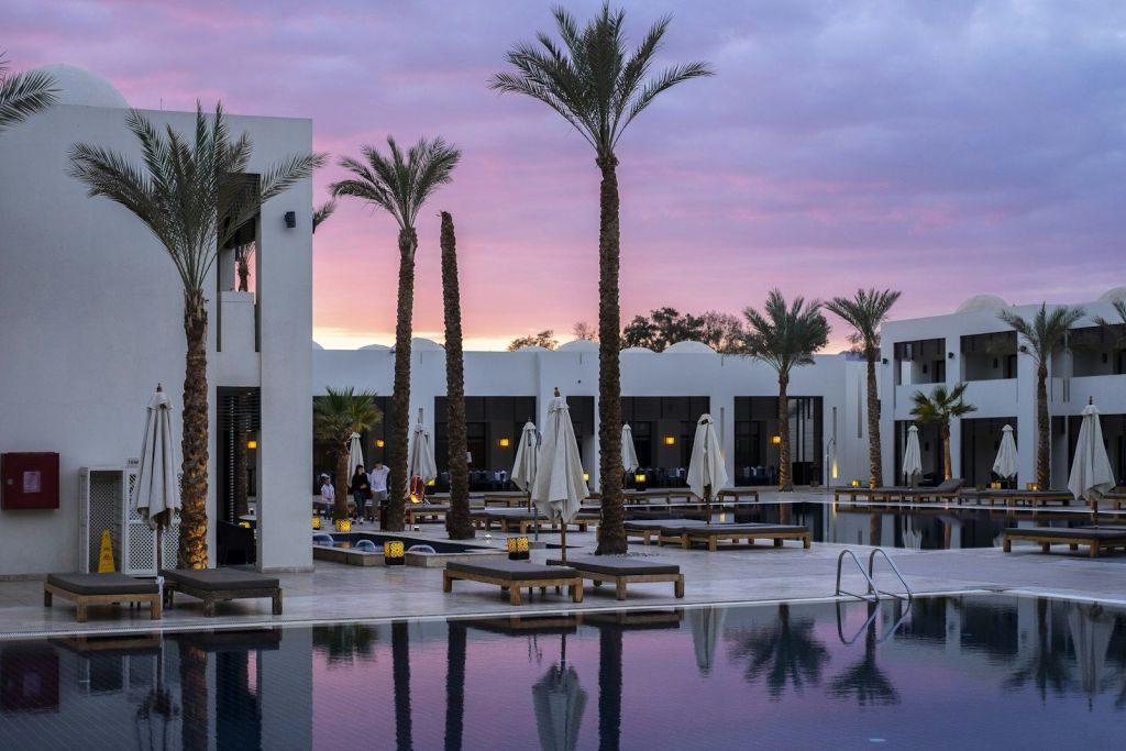 A palm-lined pool at sunset