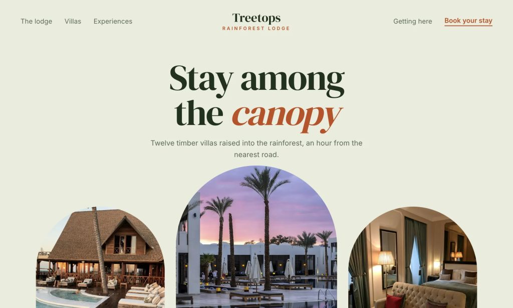 Homepage of Treetops Lodge, a fictional rainforest lodge: serif headline above three arch-shaped photos