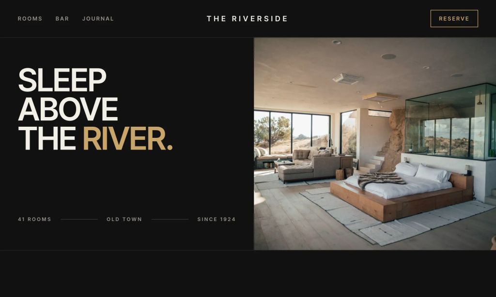 Homepage of The Riverside, a fictional city hotel: dark editorial layout with large uppercase type beside a suite photo