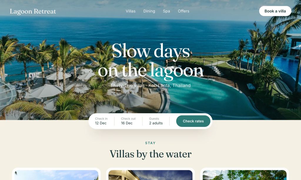 Homepage of Lagoon Retreat, a fictional beach resort: full-width lagoon photo, serif headline and a floating booking bar