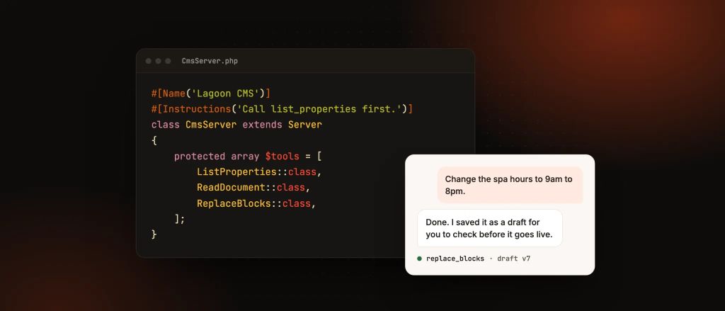 Code for a Laravel MCP server beside a chat where an AI saves a page edit as a draft